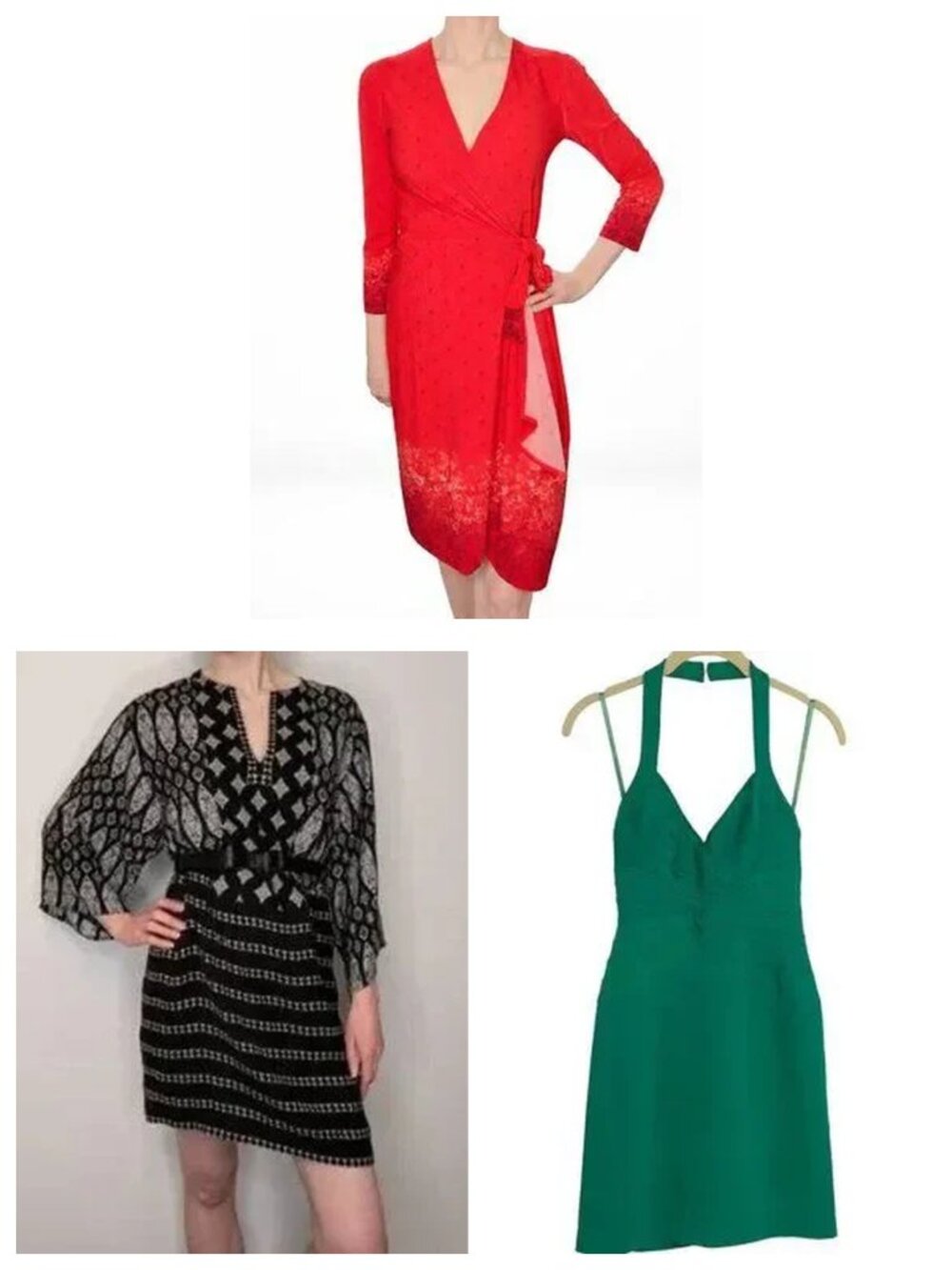 BCBGMaxAzria 3 Dress Bundle Size XS | Red Wrap Dress, Kimono, Green Bodycon